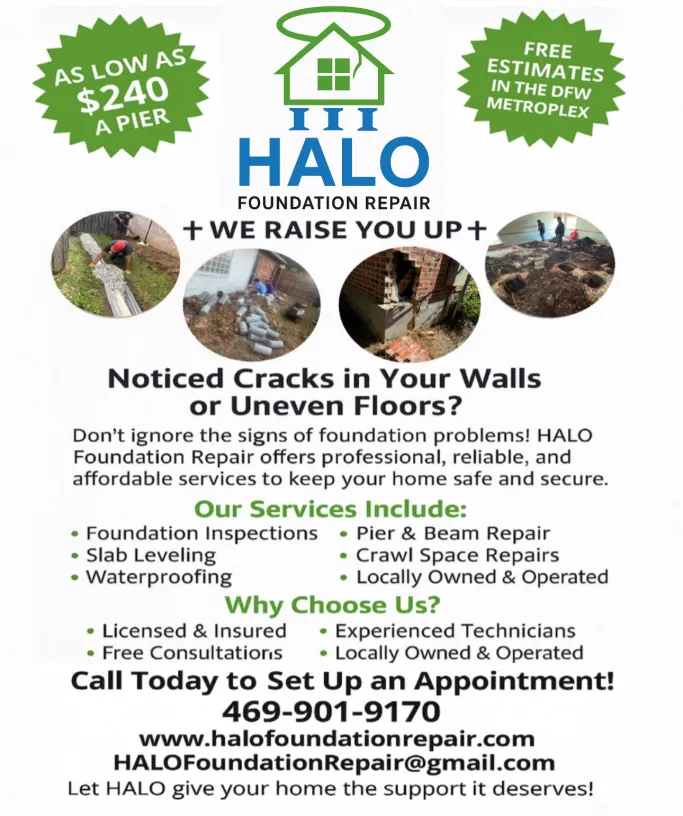 Halo Foundation Repair services flier listing foundation inspections, slab leveling, waterproofing, pier and beam repair, and crawl space repair