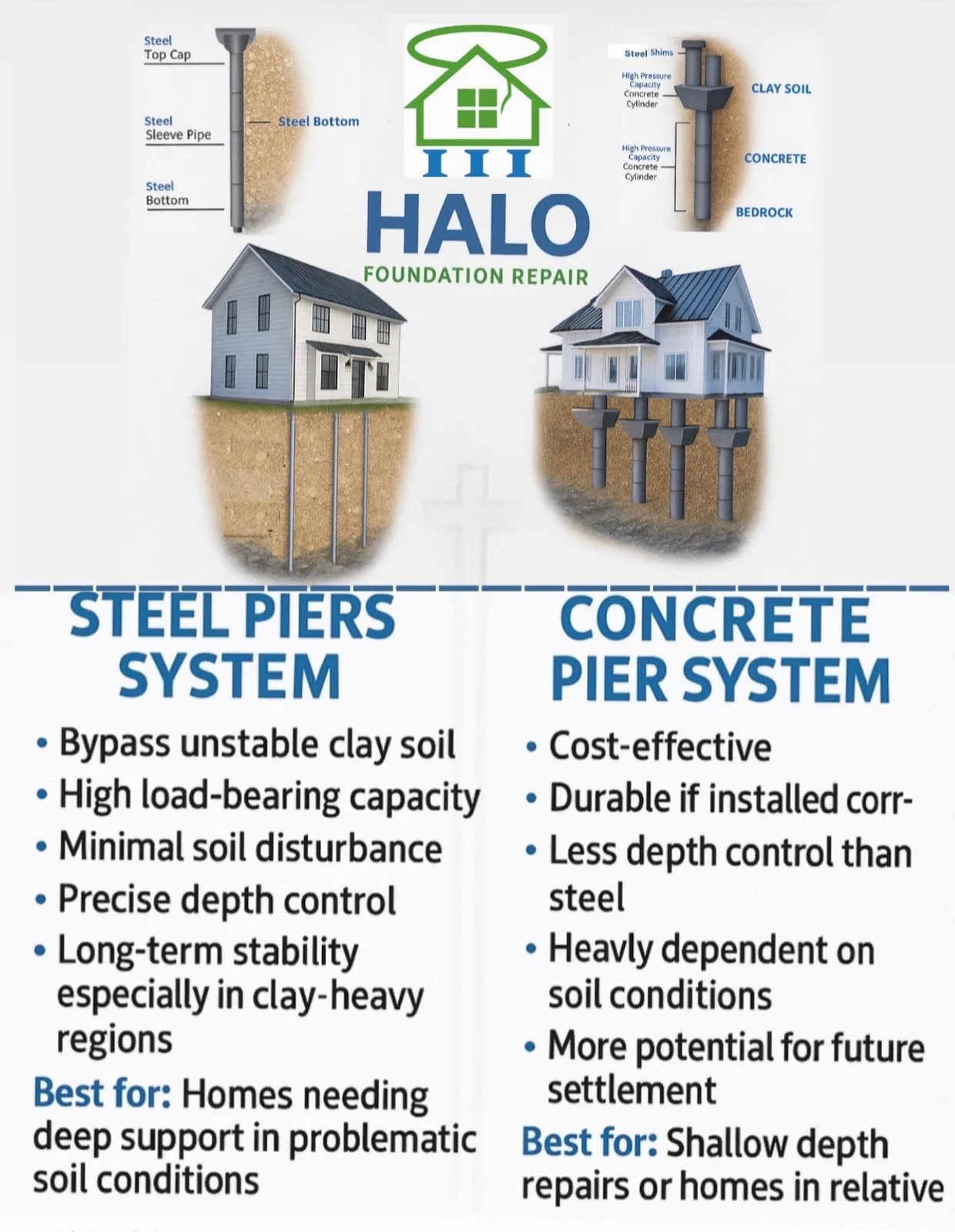 Halo Foundation Repair diagram comparing a steel pier system with a concrete pier system