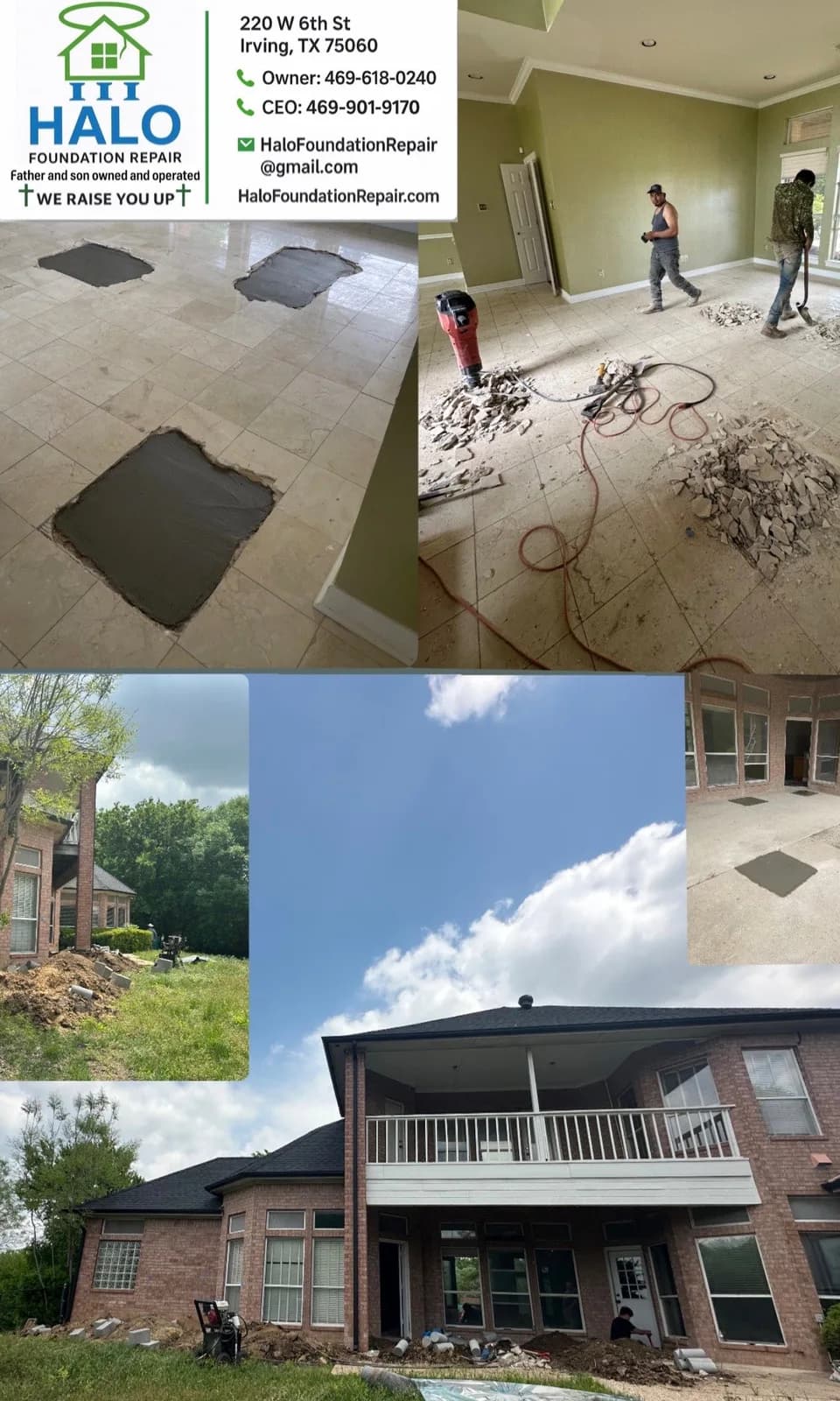 Tile floor cut open for under-slab access inside a home, with the brick exterior of the same house shown below