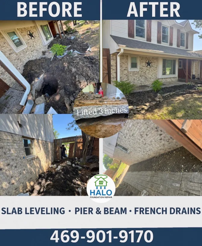 Before and after foundation repair in Irving TX - Halo Foundation Repair
